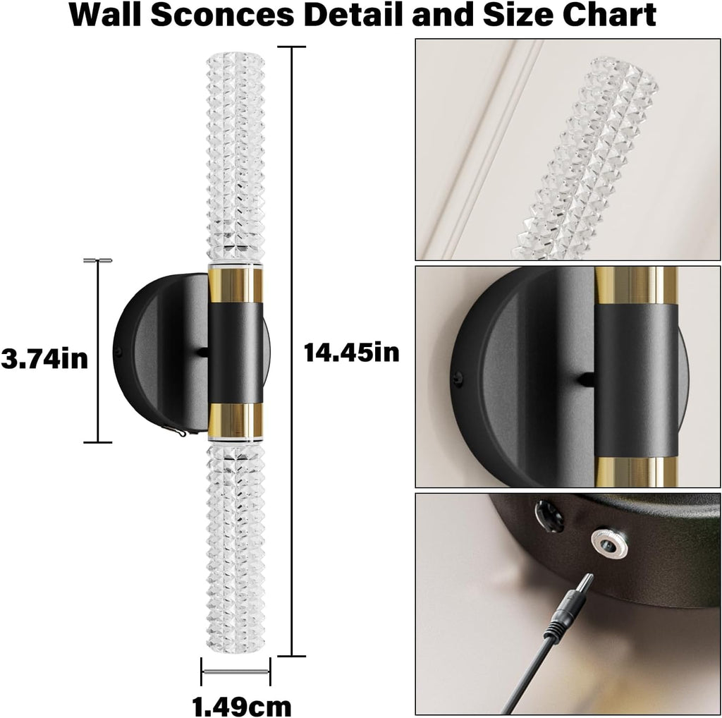Battery Operated Black Gold Wall Sconces Set of Two, 10000 mAh Rechargeable Battery Powered Wall Sconce with Remote Control, 16 Inch Non-Hardwired Wireless Crystal Wall Scones for Bedroom, Living Room