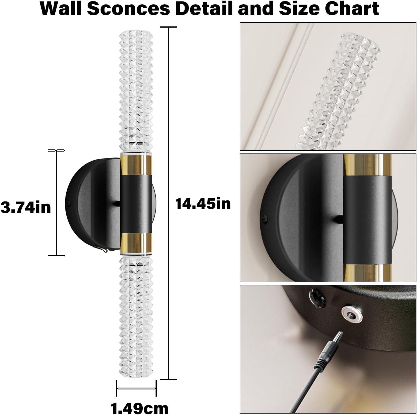 Battery Operated Black Gold Wall Sconces Set of Two, 10000 mAh Rechargeable Battery Powered Wall Sconce with Remote Control, 16 Inch Non-Hardwired Wireless Crystal Wall Scones for Bedroom, Living Room