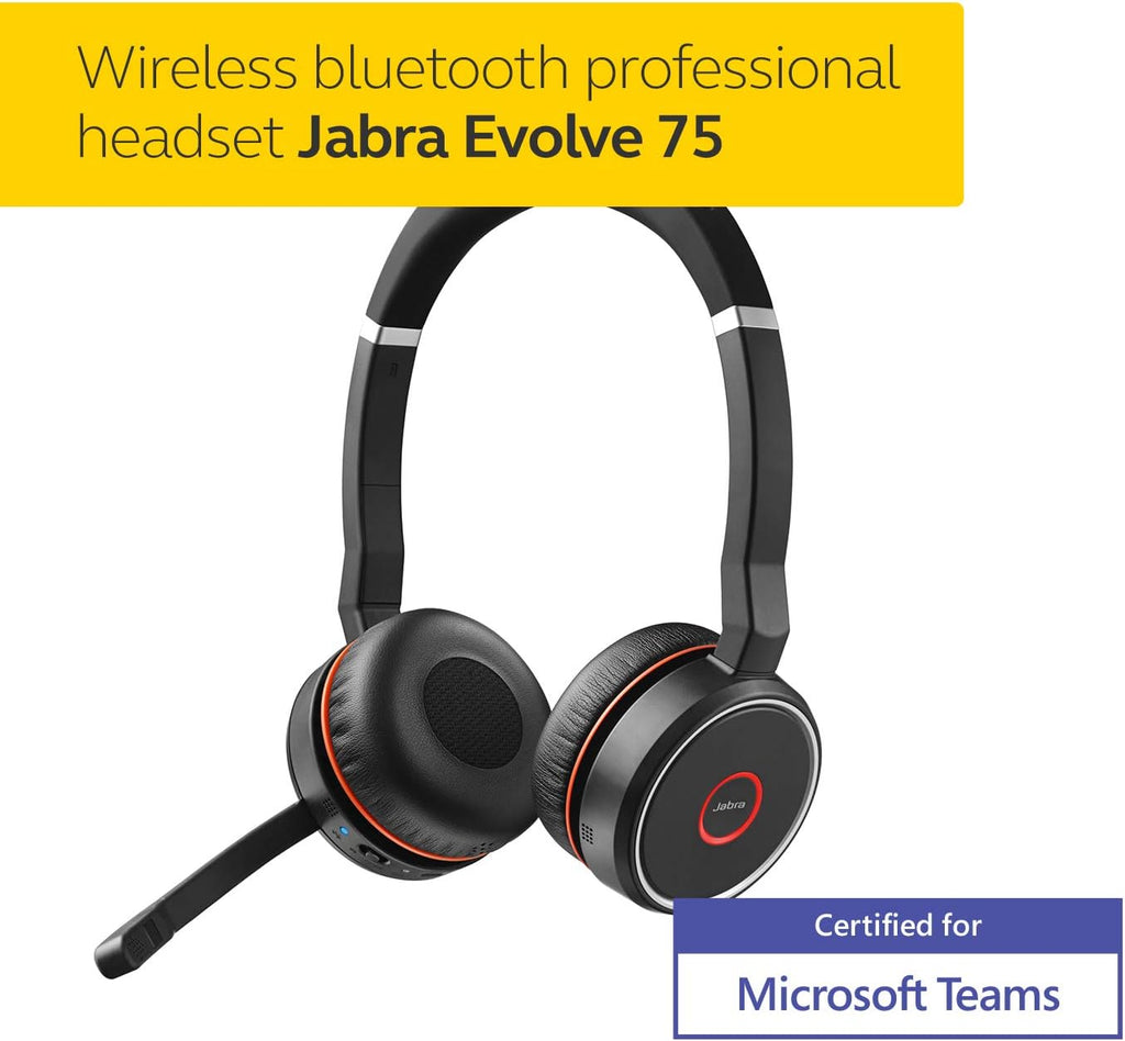 Jabra Evolve 75 MS Wireless Headset, Stereo – Includes Link 370 USB Adapter – Bluetooth Headset with World-Class Speakers, Active Noise-Cancelling Microphone, All Day Battery