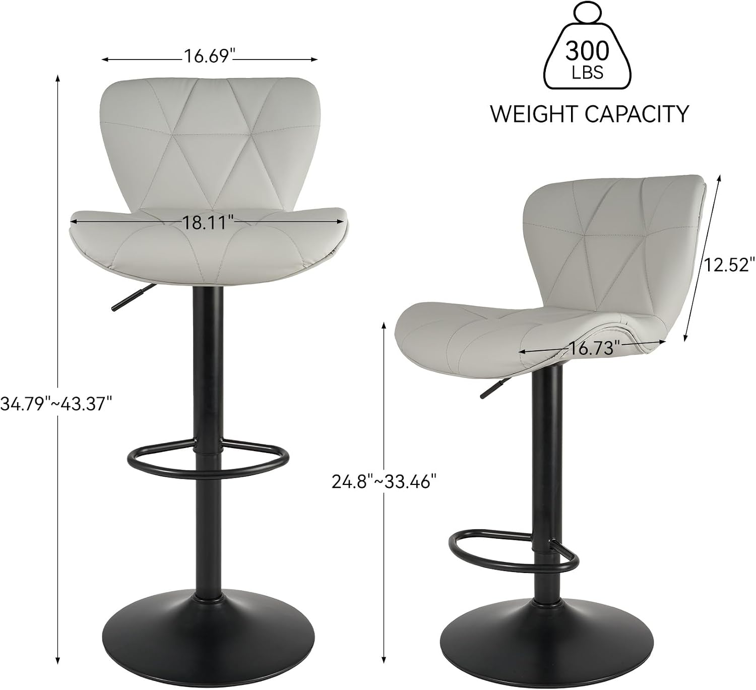 Nalupatio Modern Bar Stools Set of 4, Adjustable Faux Leather Upholstered Swivel Bar Stools, Counter Height Bar Chairs with Back for Kitchen Island, Light Grey
