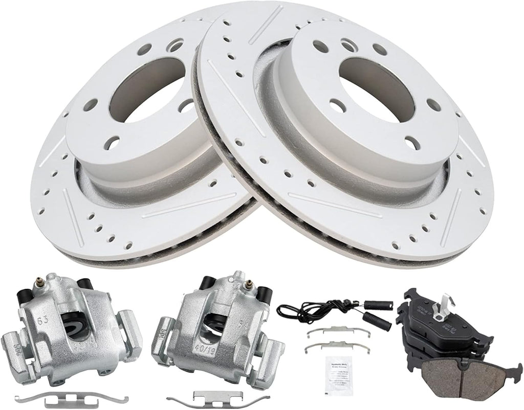 TRQ Performance Rear Brake Pad and Rotor Set Ceramic Drilled Slotted Coated Rotors Calipers Compatible with 2000 BMW 323Ci 323i 2001-2003 325Ci 325i