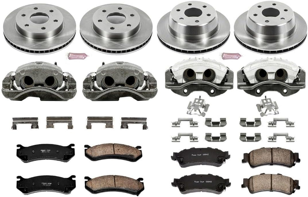 PowerStop Front and Rear Brake & Caliper Kit for Cadillac Escalade 2002-06 |Escalade ESV 2003-06 |Escalade EXT 2002-06 - Ceramic Brake Pads + Calipers + Disc Rotors Replacement, KCOE2015