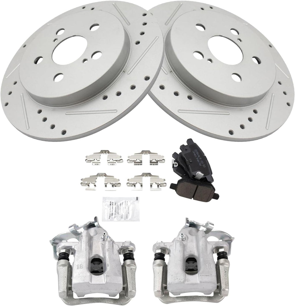 TRQ Performance Rear Brake Pad and Rotor Set Ceramic Solid Rotors Calipers Compatible with 2010-2013 Toyota Prius