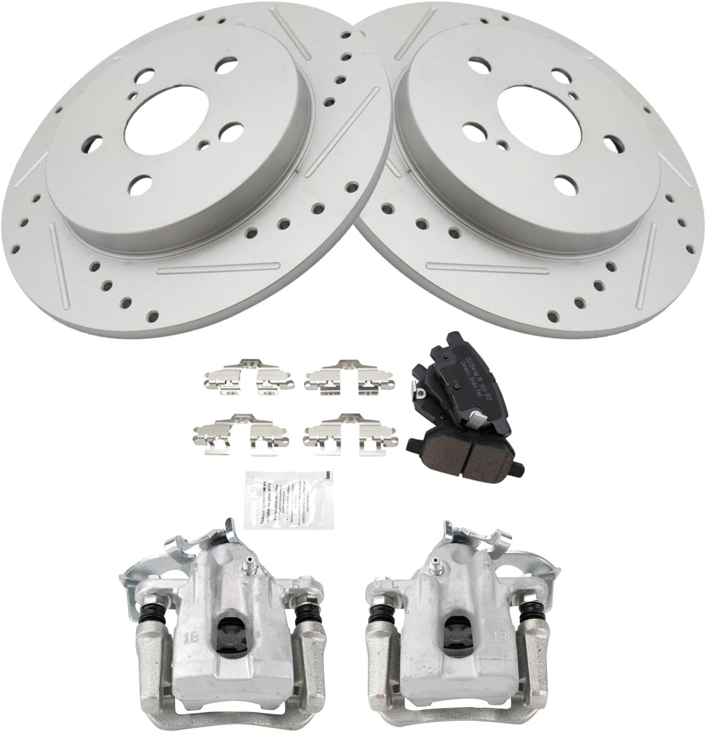 TRQ Performance Rear Brake Pad and Rotor Set Ceramic Solid Rotors Calipers Compatible with 2010-2013 Toyota Prius