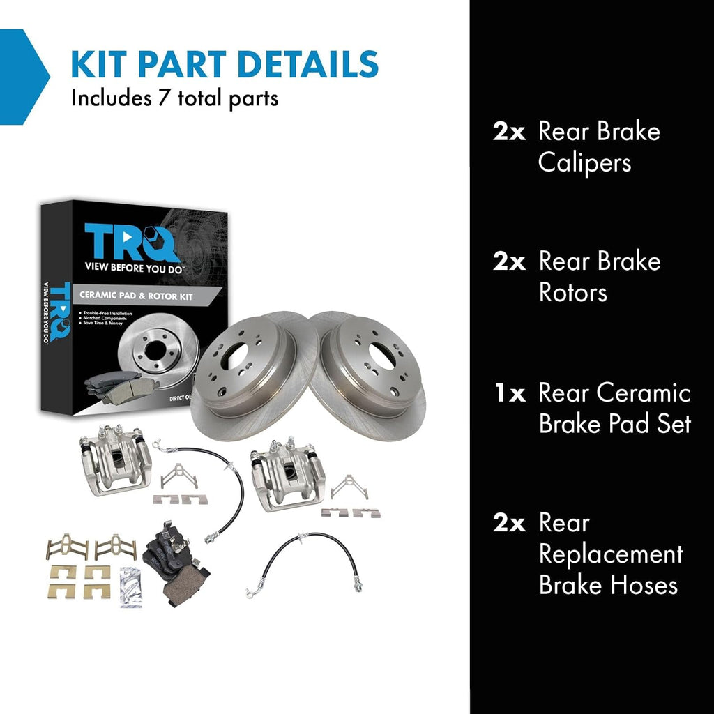 TRQ Rear Brake Pad and Rotor Set Ceramic Rotors Calipers Hoses Compatible with 2007-2011 Honda CR-V