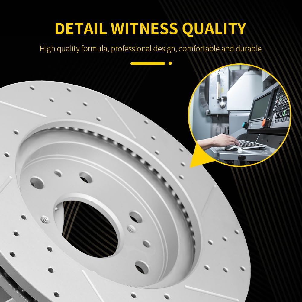 Front Drilled & Slotted Disc Brake Rotors and Ceramic Brake Pads kit for 1999-2006 Chevrolet Silverado 1500, GMC Sierra, 2000-2006 Tahoe, Suburban, Yukon, Express, Avalanche, Safari, Savana, Escalade