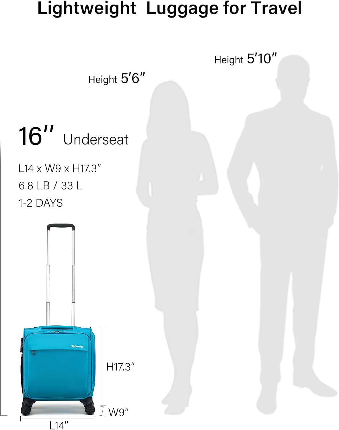 Hanke 16 Inch Underseat Carry On Luggage with Wheels Small Suitcase Softside Luggage Bags for Travel Lightweight Suitcases with Wheels Travel Luggage Personal Item for Men and Women(Caribbean Blue)