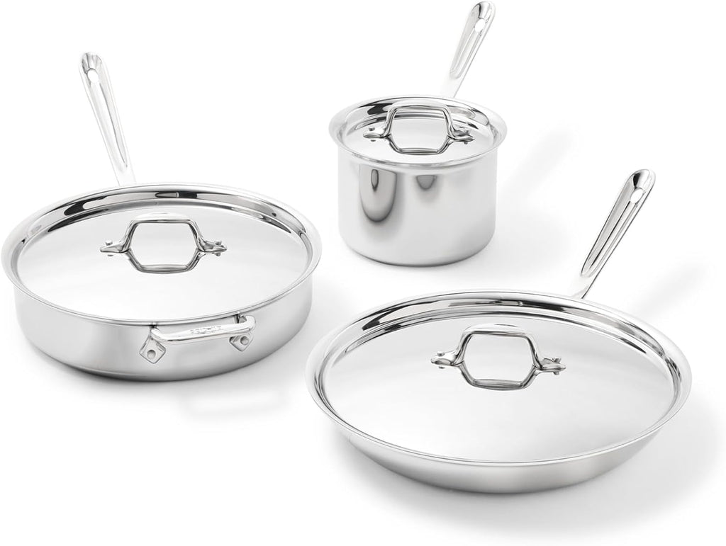 All-Clad D3® Stainless Steel 6 Piece Cookware Set- Made in USA- Includes 12' Fry Pan, 2 Qt Saucepan, 4 Qt Sautépan, Professional Grade -Oven Safe & Induction Compatible