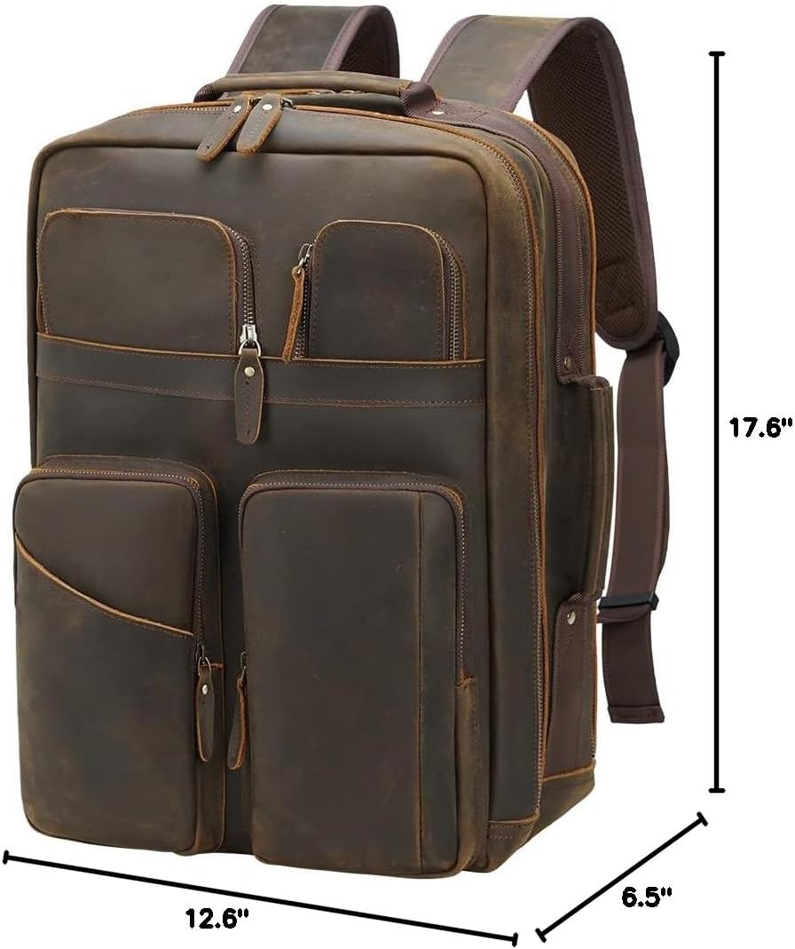 TIDING 17.3' Full Grain Leather Laptop Backpack for Men Multi Pockets Casual Daypack Business Travel Rucksack