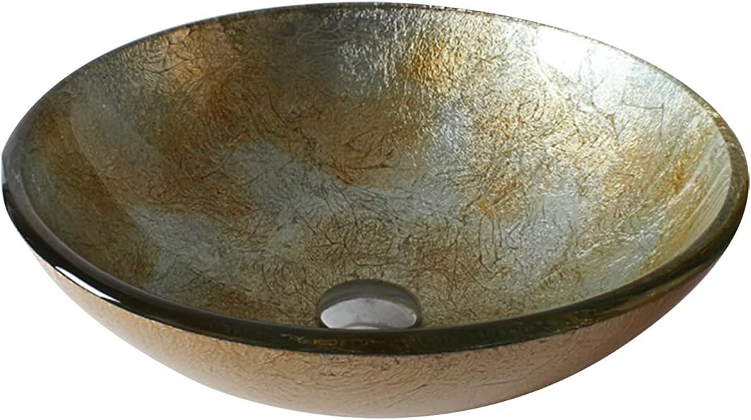 Bathroom Sink Tempered Glass Bathroom Wash Basin Sink, Bathroom Countertop Washroom Vessel Vanity Sink,Gold Silver