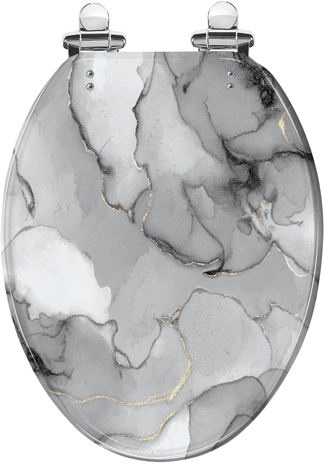 Elongated Toilet Seat Grey Marble Watercolor Stone Silver Alcohol Ink Gold Marble Resin Toilet Seat with Quietly Close Quick Release Hinges Decorative Toilet Seat with Cover Easy to Clean and Install
