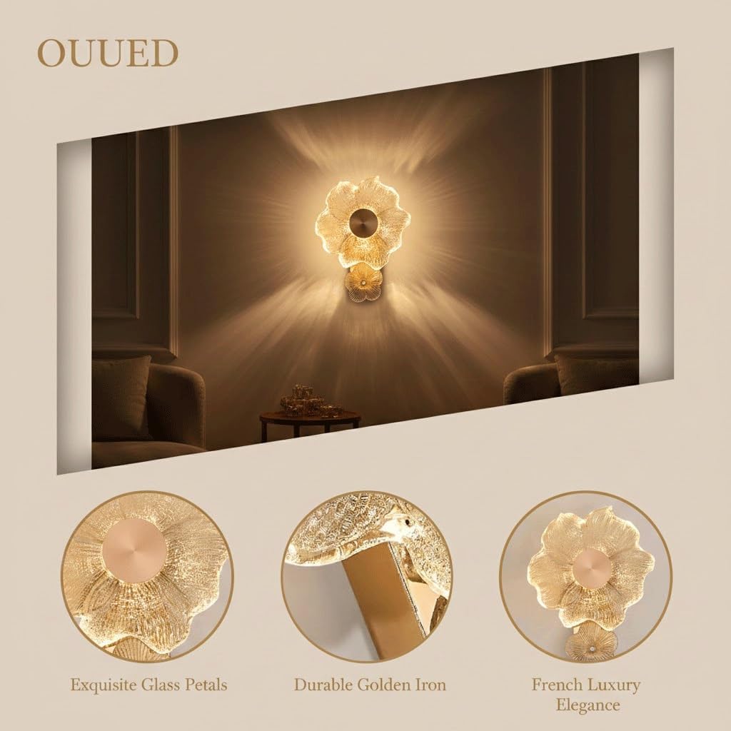 Luxury Art Deco Golden Wall Sconce, Exquisite Hammered Glass Petals Floral Light Fixture, Elegant Gold Tone Flower Lamp, Vintage Decorative Sconce for Bedroom, Hallway and Living Room