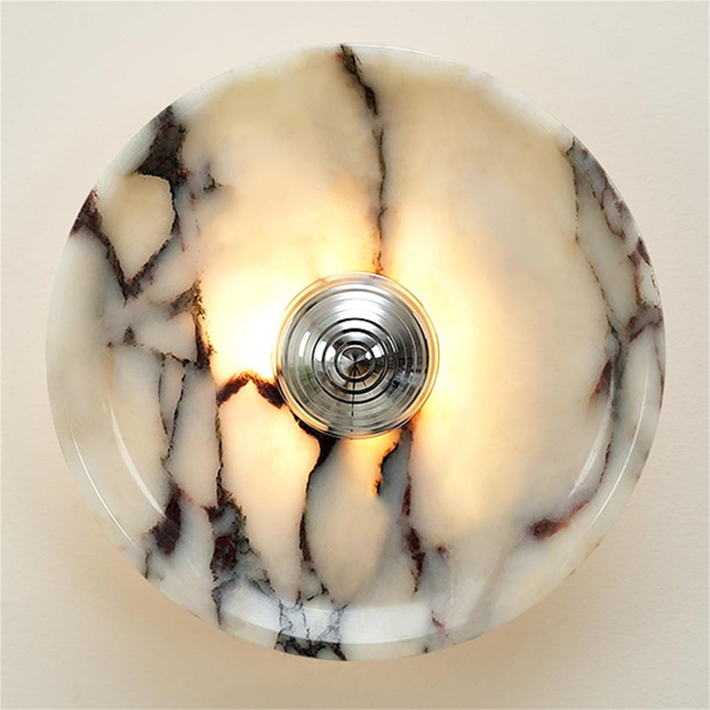 Wabi Vintage Natural Marble Wall Sconce - Circular Alabaster LED Lamp for Bathroom & Home with Gold/Silver Iron Details(Silver)