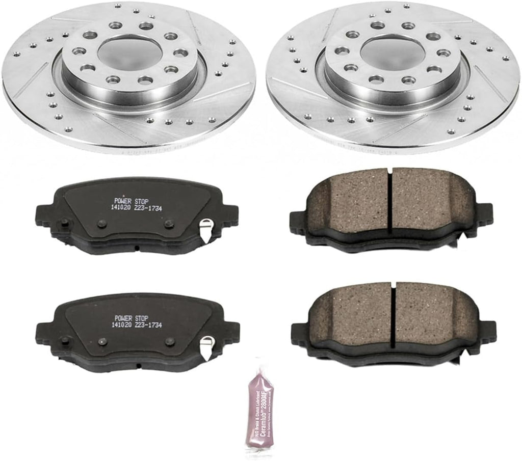 PowerStop Rear Brake Kit for Chrysler 200 2015-17 | Jeep Cherokee 2014-22 - Drilled and Slotted Disc Rotors with Carbon-Fiber Ceramic Brake Pads Replacement, K6543