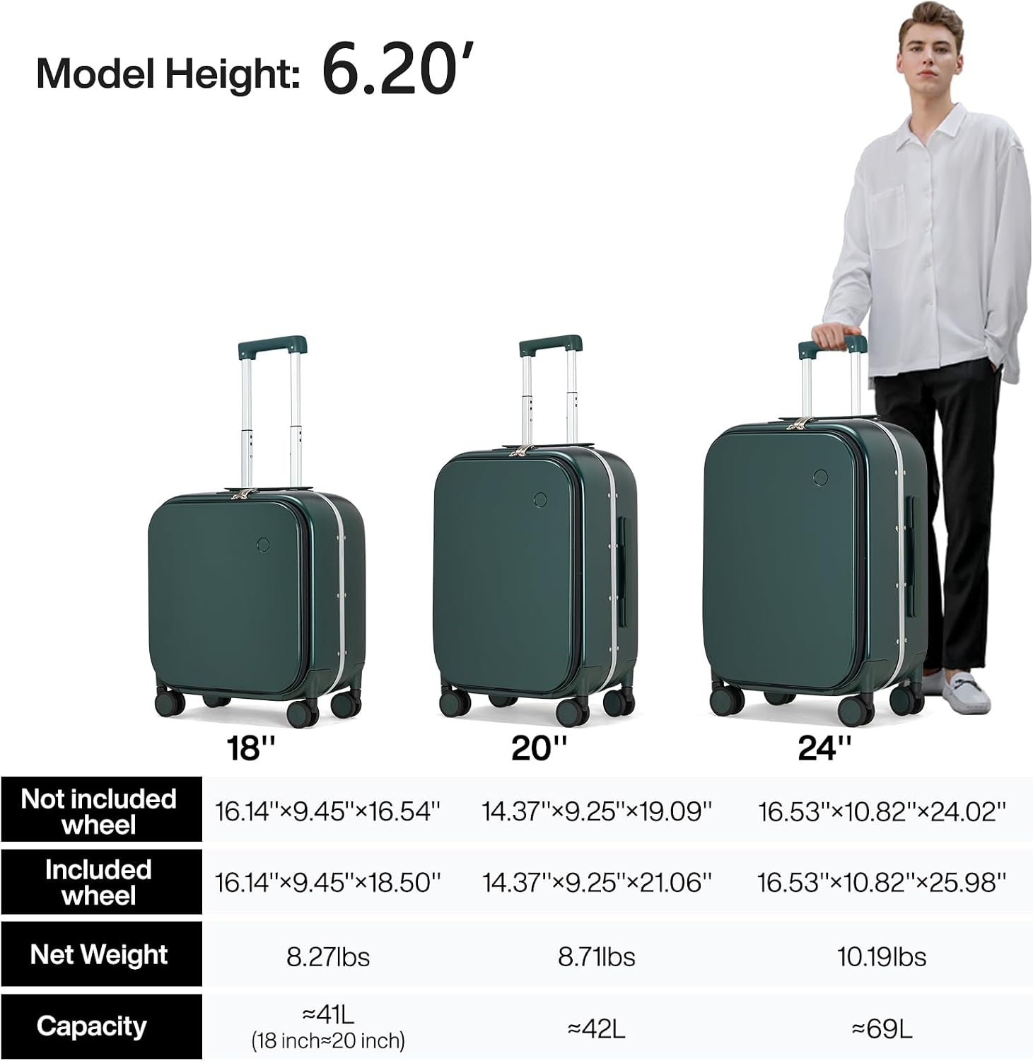 mixi Carry On Luggage, 18' Suitcase with Front Pocket, Travel Luggage Aluminum Frame PC Hardside with Spinner Wheels & TSA Lock and Cover (Not for Underseat), Blackish Green