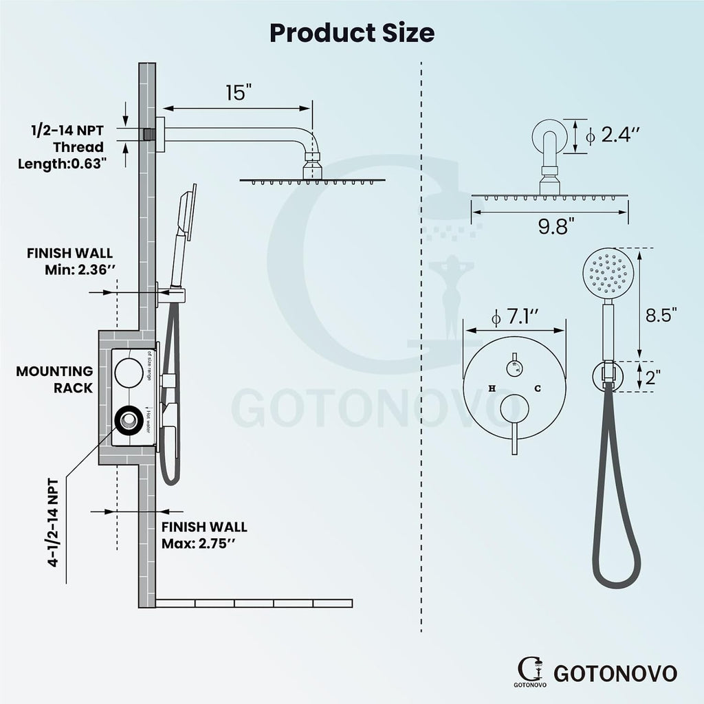 gotonovo Rain Shower System with 10 Inch Round Showerhead and Handheld High Pressure Shower Faucet Set Contain Rough in Valve, Polish Chrome