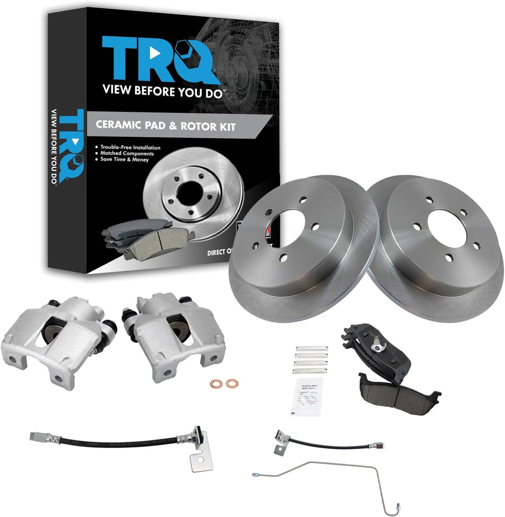 TRQ Rear Brake Pad and Rotor Set Ceramic Rotors Calipers Hoses Compatible with 1999-2003 Ford F-150 2004 F-150 Heritage