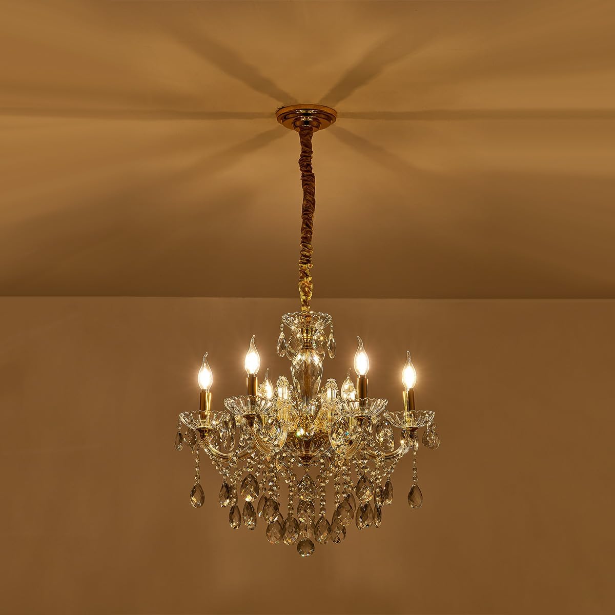YLONG-ZS 6-Light Crystal Gold Chandelier Light Fixture for Bedroom,Modern Pendant Light Crystal Raindrop Lighting Hanging Chandelier for Living Room, Kitchen,Dining Room, Bedroom,Entryway