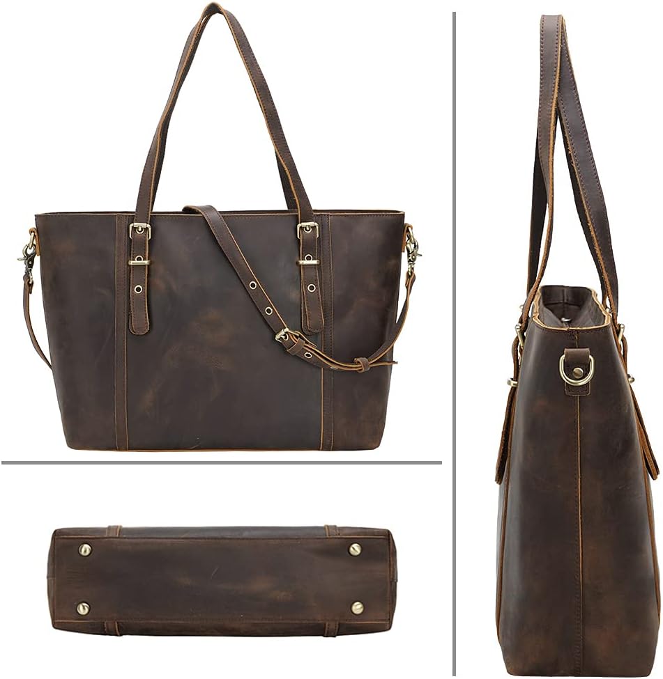 TIDING Leather Tote Bag for Women Work, Vintage Business Laptop Handbag Shoulder Bag with Adjustable Handles