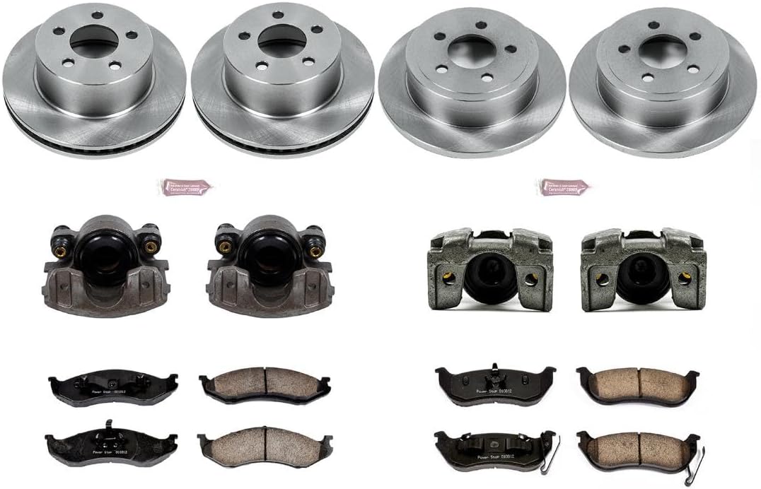 PowerStop Front and Rear Brake & Caliper Kit for Jeep Wrangler 2003-06 - Ceramic Brake Pads + Calipers + Disc Rotors Replacement, KCOE2154