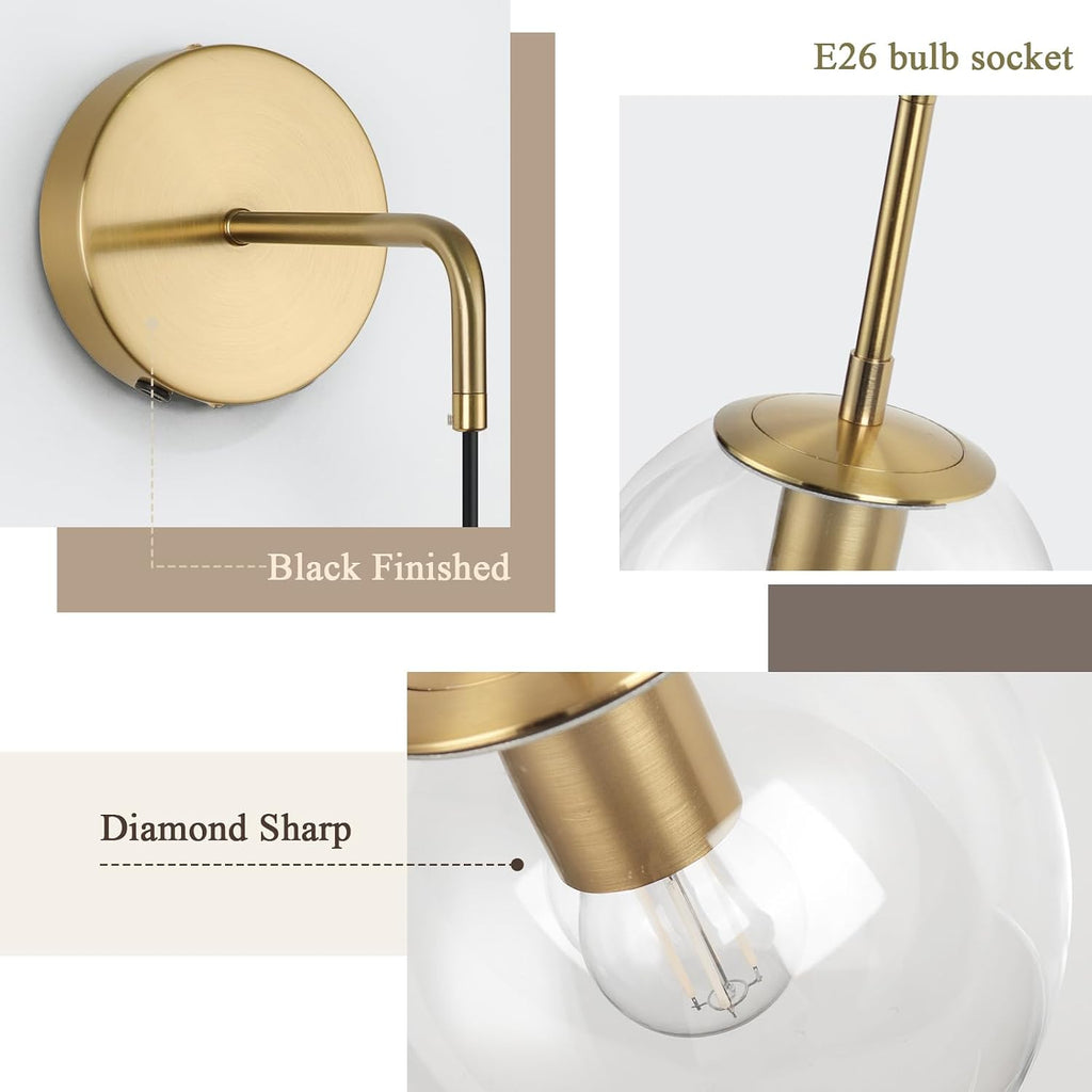Battery Operated sconces Set of 2 Glass Globe Rechargeable Wall Light Fixture Wireless Wall Lights with Clear Glass Shade for Living Room, Hallway, Bedroom(2 Pack)