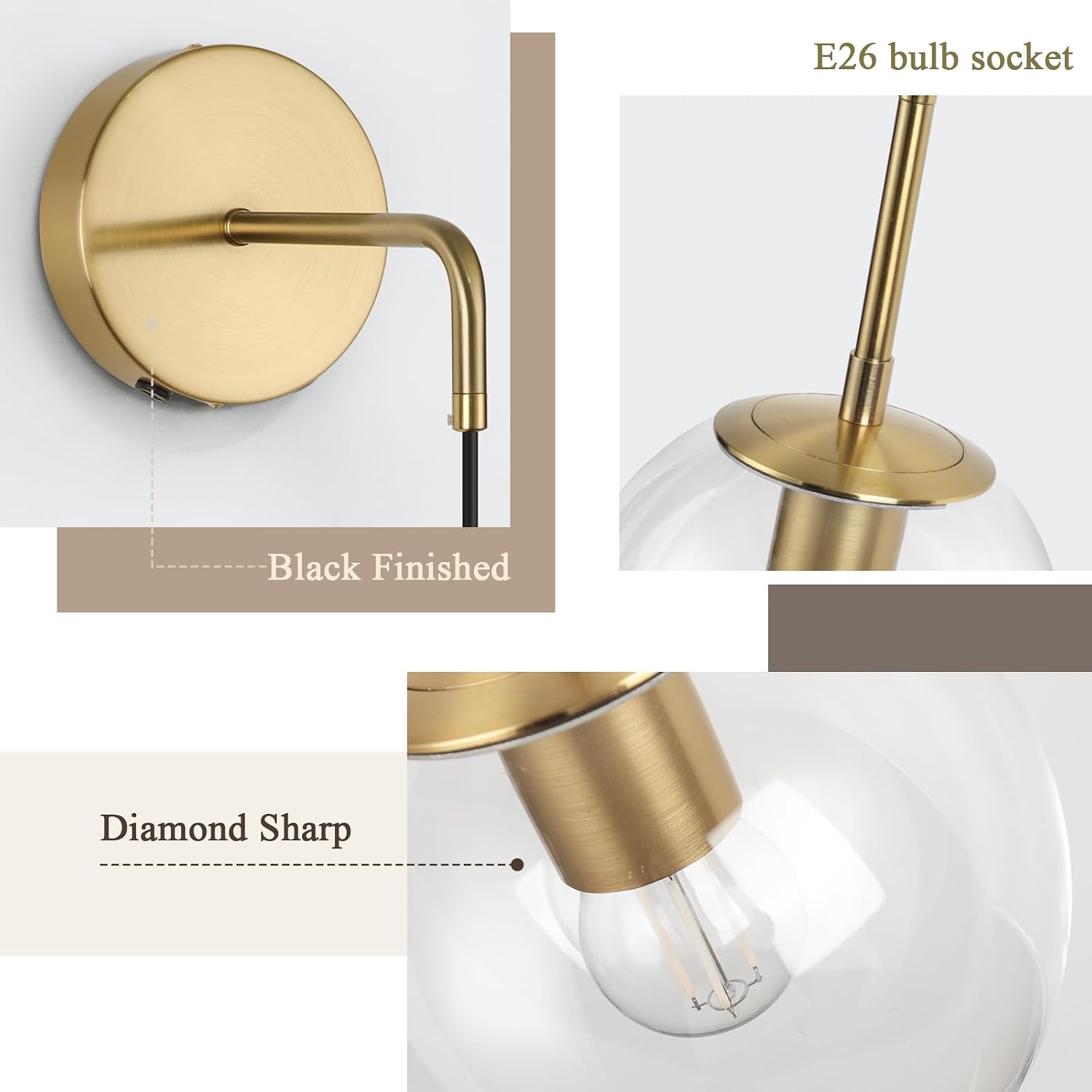 Battery Operated sconces Set of 2 Glass Globe Rechargeable Wall Light Fixture Wireless Wall Lights with Clear Glass Shade for Living Room, Hallway, Bedroom(2 Pack)