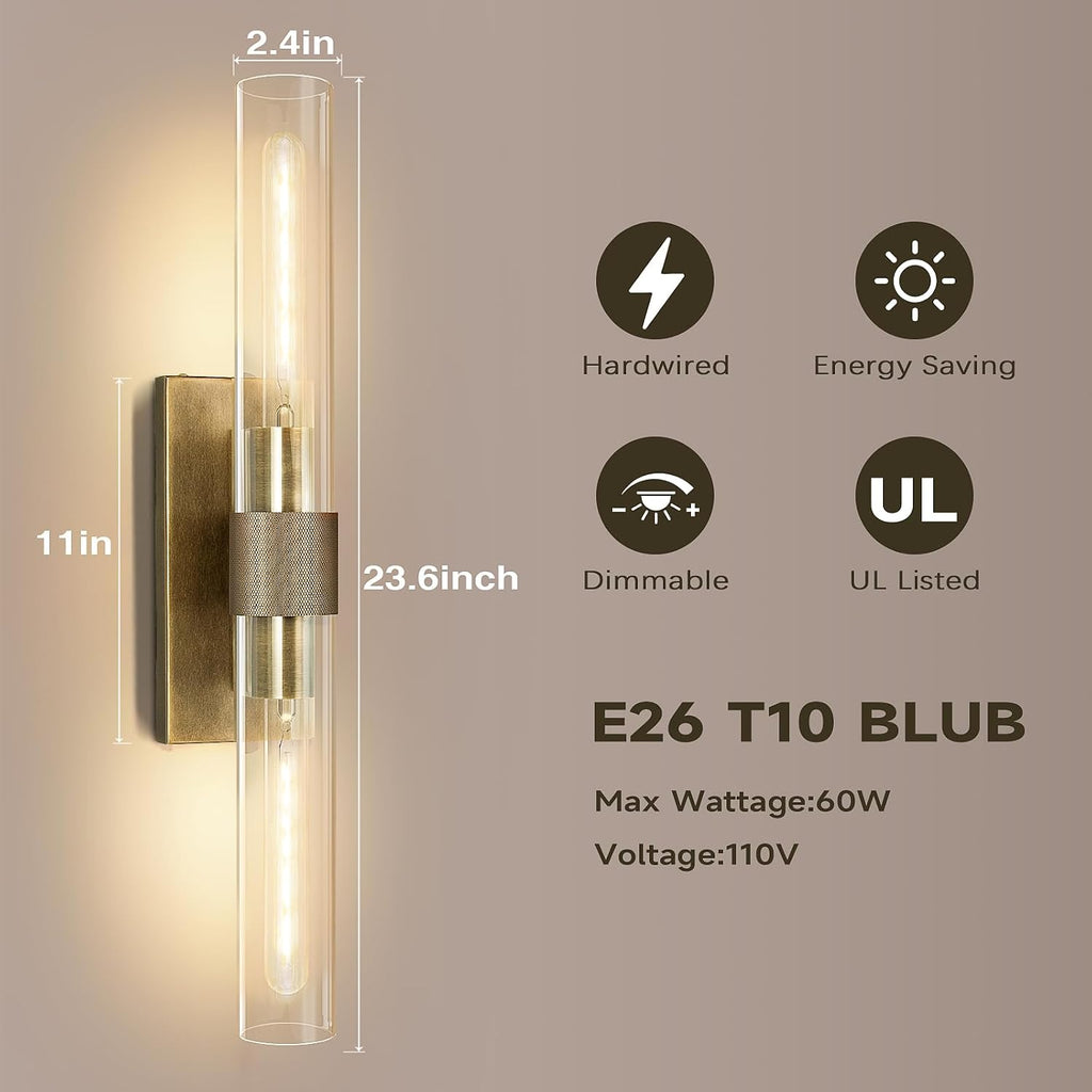 Wall Sconces Set of Two, Gold Bathroom Sconces Wall Lighting with Clear Glass, Modern Sconces Wall Decor Light Fixtures for Bathroom Mirror Living Room Hallway Bedroom