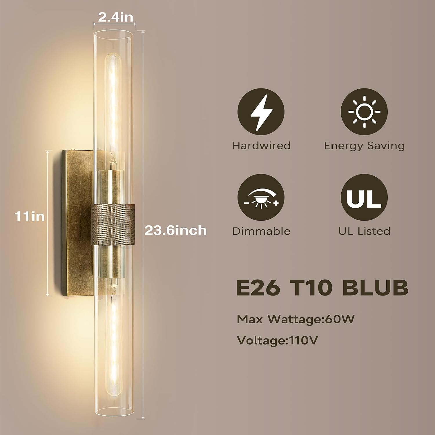 Wall Sconces Set of Two, Gold Bathroom Sconces Wall Lighting with Clear Glass, Modern Sconces Wall Decor Light Fixtures for Bathroom Mirror Living Room Hallway Bedroom