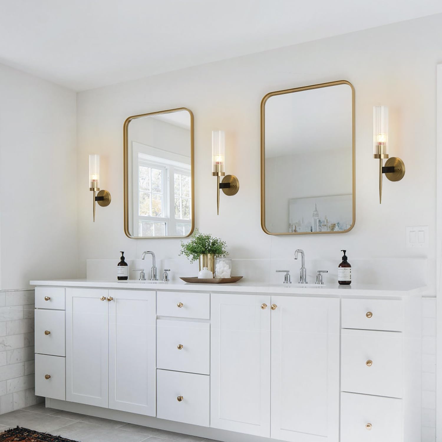 BOKT Modern Cylinder Sconces Wall Lighting Set of Two Mid Century Antique Brass Gold 1-Light Wall Sconce Set of 2 Clear Crystal Glass Wall Sconce Lamp for Bathroom