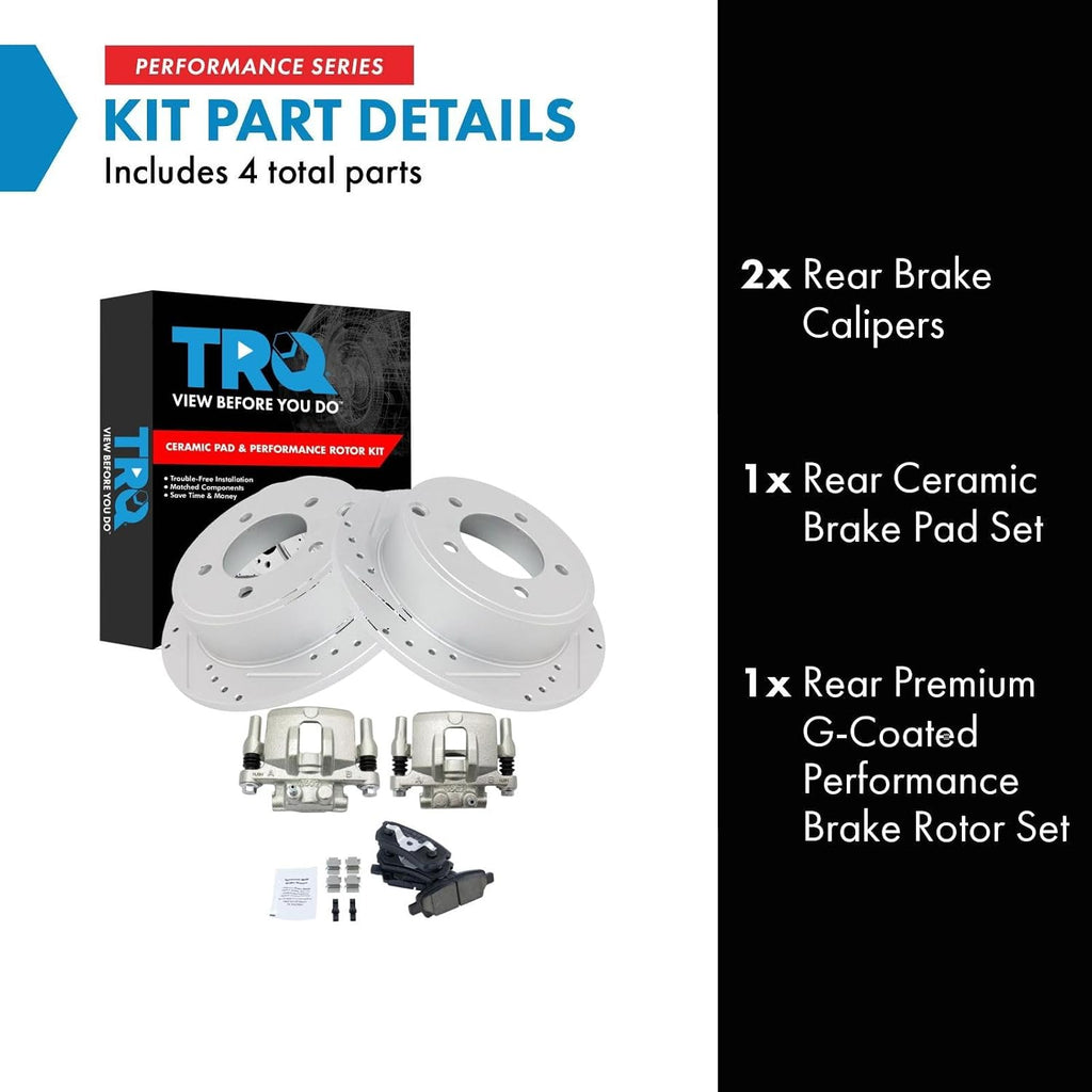 TRQ Performance Rear Brake Pad & Rotor Set Ceramic Drilled Coated Rotors Calipers Compatible with 07-10 Chrysler Sebring 11-14 200 08-14 Dodge Avenger 07-12 Caliber 07-17 Jeep Compass Patriot