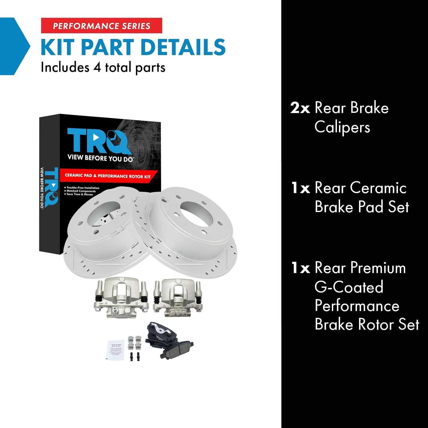 TRQ Performance Rear Brake Pad & Rotor Set Ceramic Drilled Coated Rotors Calipers Compatible with 07-10 Chrysler Sebring 11-14 200 08-14 Dodge Avenger 07-12 Caliber 07-17 Jeep Compass Patriot