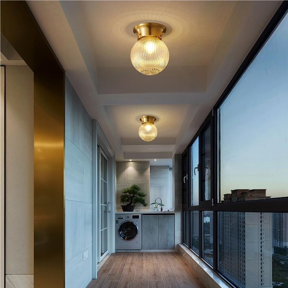 Brass Flush Mount Ceiling Light Modern Gold Tone E27 Fixture with Textured Glass Globe Shade Elegant Small Space Lighting for Hallway Entryway Balcony(B)