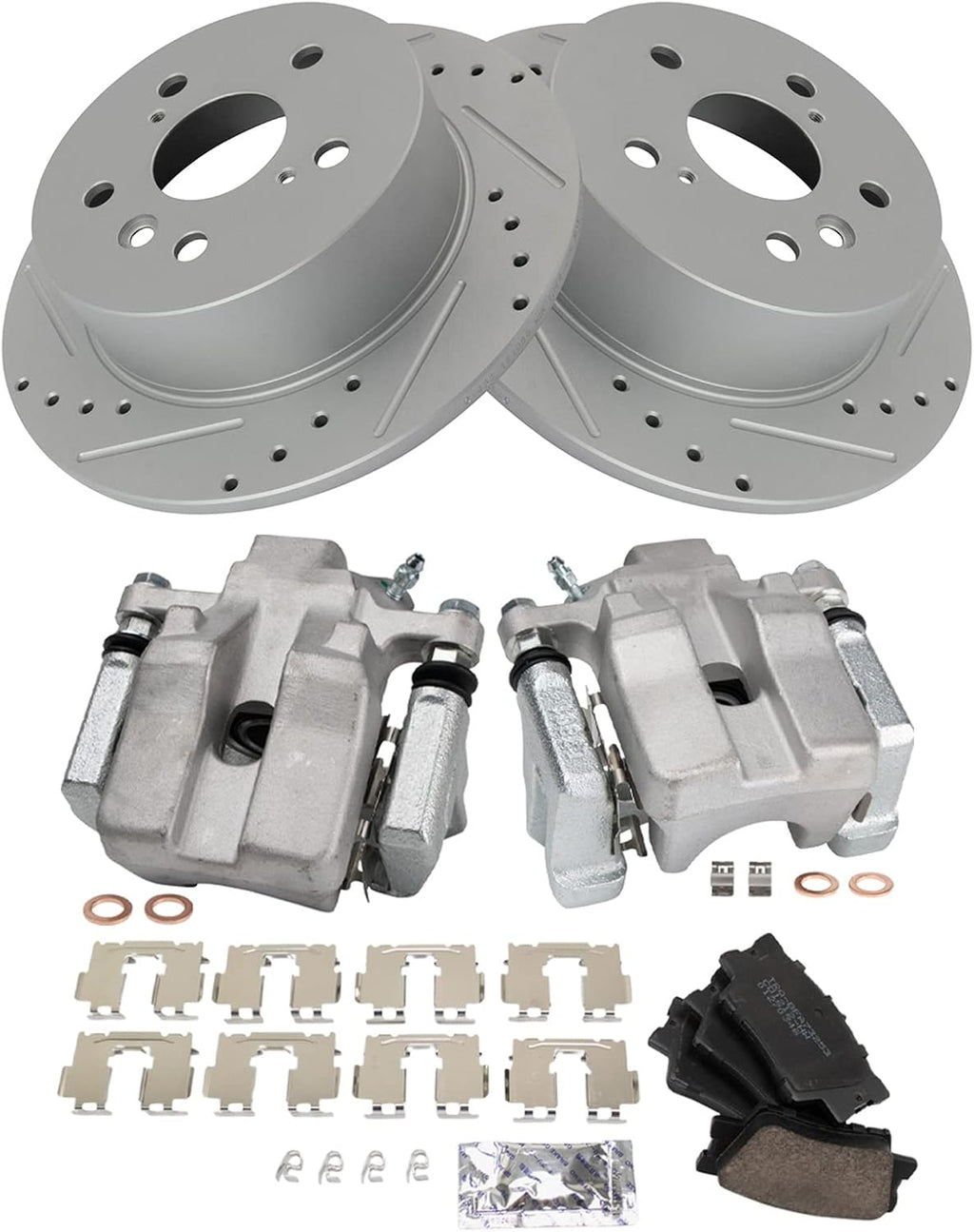 TRQ Performance Rear Brake Pad and Rotor Set Ceramic Solid Coated Rotors Calipers Compatible with 2007-2012 Lexus ES350 2008-2012 Toyota Avalon 2007-2011 Camry