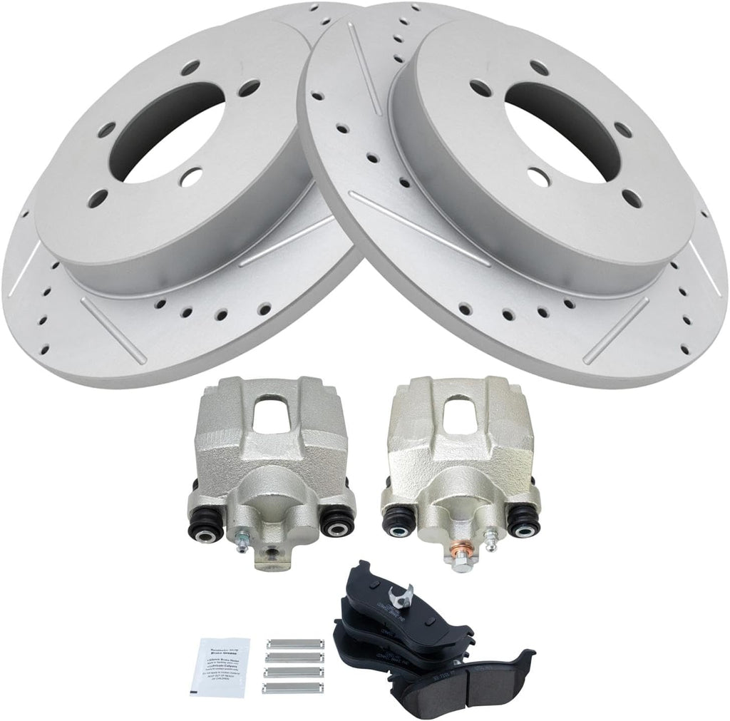 TRQ Performance Rear Brake Pad and Rotor Set Ceramic Solid Rotors Calipers Compatible with 2002-2005 Ford Explorer Mercury Mountaineer