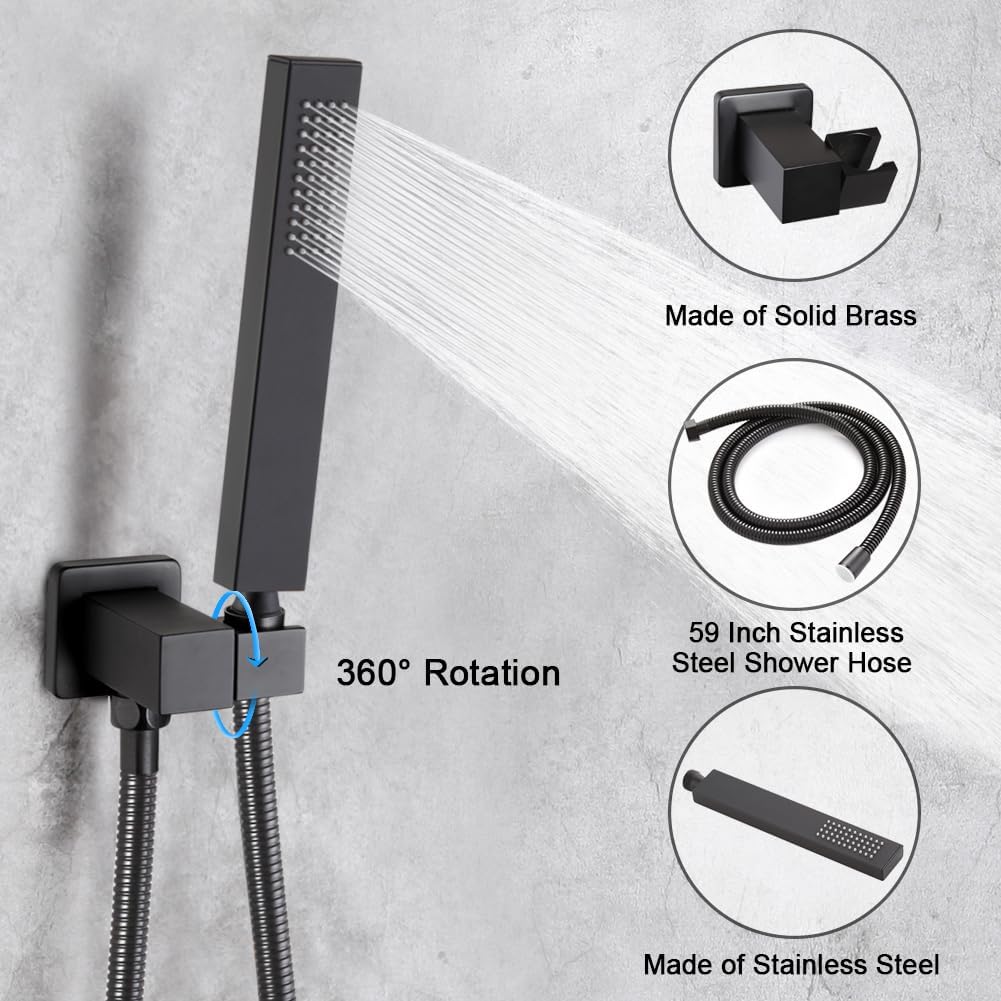 Matte Black Shower Faucet Set with Tub Spout Bathroom Rainfall 8 Inch Shower Head System with Handheld Single Handle Shower Trim Kit with Valve