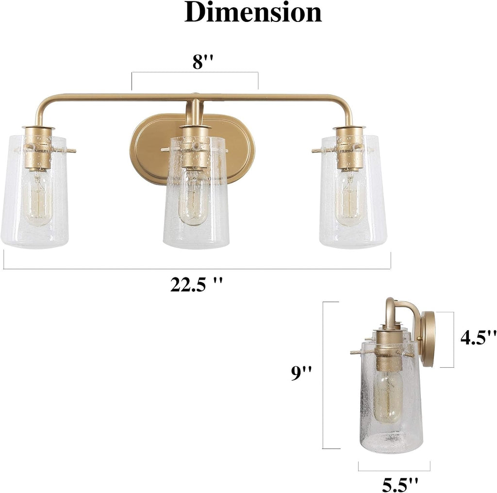 KSANA Gold Vanity Lights, 3-Light Modern Bathroom Light Fixture with Seeded Glass Shade