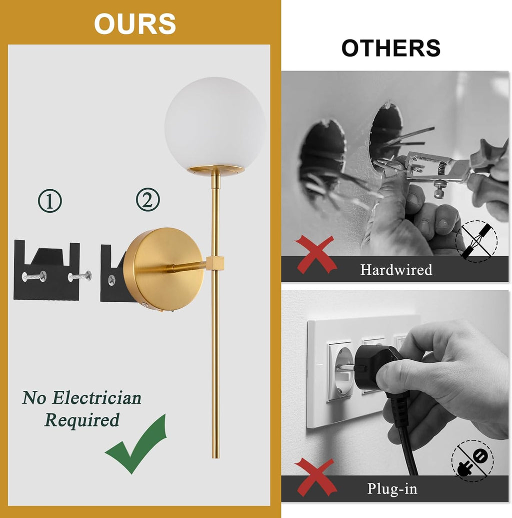 Battery Operated wall Sconce Set of 2 Glass Globe 3000K~6000K Rechargeable Gold Wall Light Fixture Wireless Wall Lights with Clear Glass Shade for Living Room, Hallway, Bedroom(2 Pack)