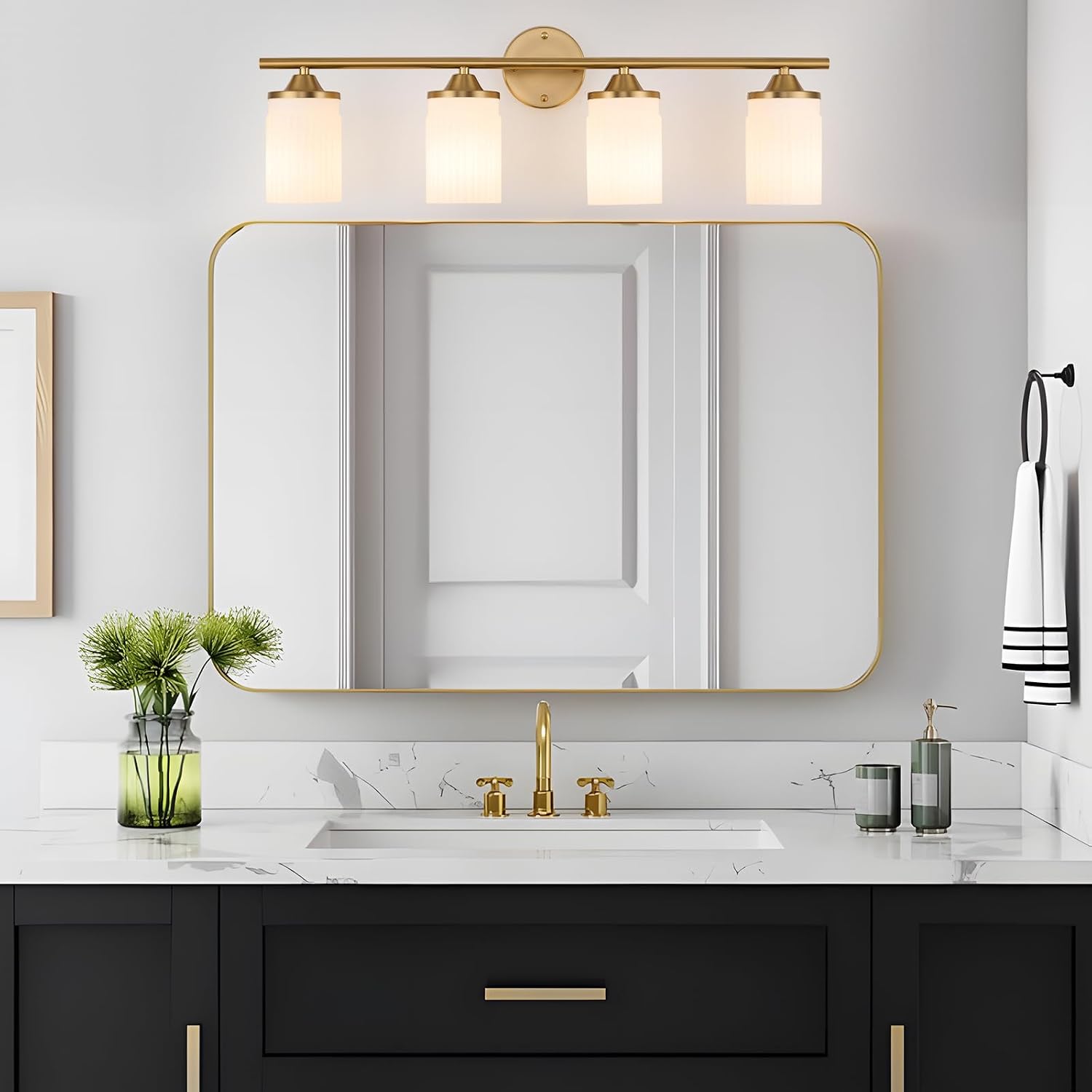 Jonsi Gold Bathroom Light Fixtures 4-Light Vanity Lights Modern Wall Sconce with Milk White Shade Brushed Brass Bathroom Light Fixture Over Mirror for Bedroom Hallway Kitchen