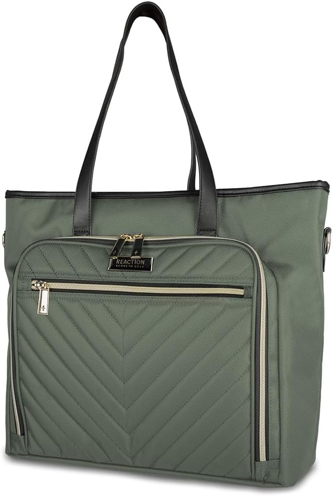 Kenneth Cole REACTION Chelsea 2-Piece Bundle - 20' Chevron Expandable 8-Wheel Carry-On Suitcase & Matching 15' Laptop Tote Bag, Olive