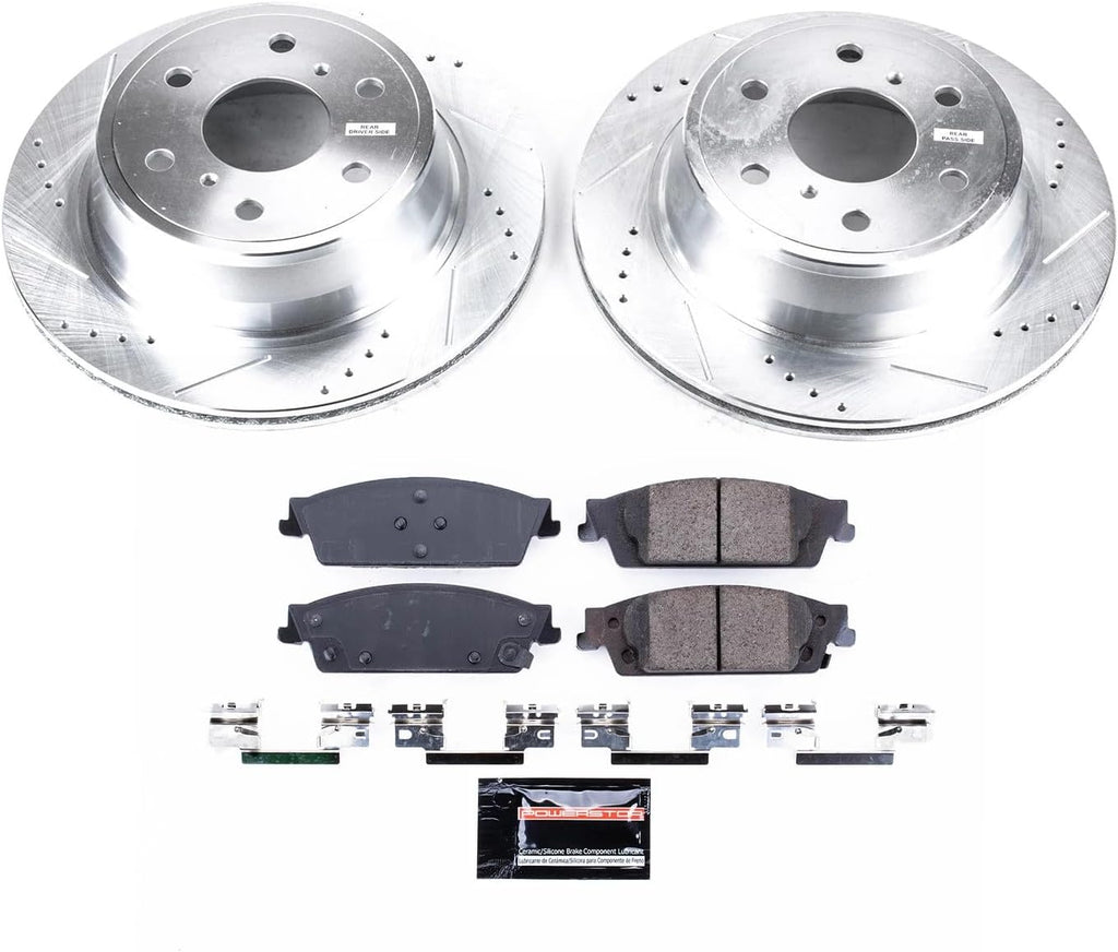 PowerStop Rear Brake Kit for Escalade ESV 2015-20 |Chevrolet Silverado 1500 2014-18 - Drilled and Slotted Disc Rotors with Carbon-Fiber Ceramic Brake Pads Replacement, K6562