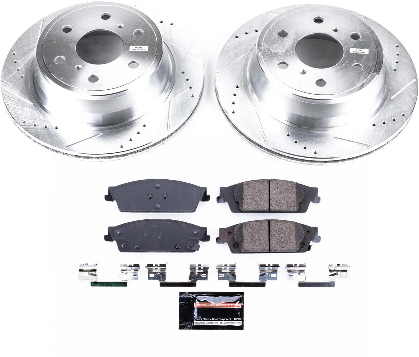 PowerStop Rear Brake Kit for Escalade ESV 2015-20 |Chevrolet Silverado 1500 2014-18 - Drilled and Slotted Disc Rotors with Carbon-Fiber Ceramic Brake Pads Replacement, K6562