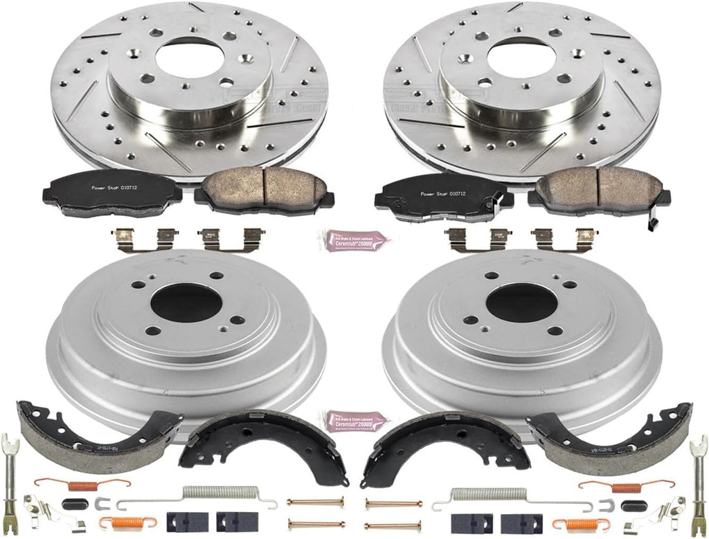 Power Stop K15087DK Front and Rear Z23 Carbon Fiber Brake Pads with Drilled & Slotted Brake Drums Kit For Honda Civic 2001-2005 [Model Specific]