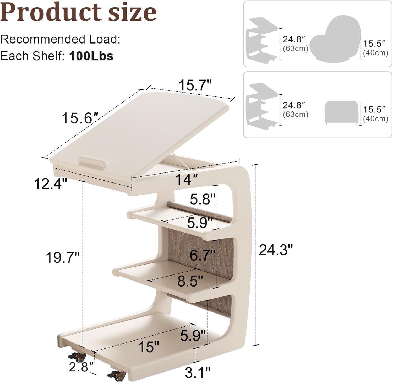 AQIMUELE Wooden C-Shaped End Table,Couch Desk with 2 Lockable Wheels,4-Tier Couch Table with Storage Bag,Small Rolling Side Table Tv Trays for Couch, Living Room,Bedroom (White)
