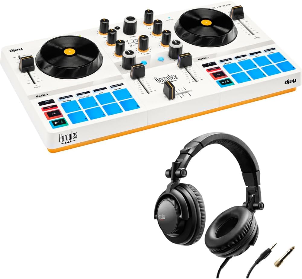 Hercules DJControl Mix Ultra DJ Controller with Protective Cover Bundle with Hercules HDP DJ45 Closed-Back, Over-Ear DJ Headphones