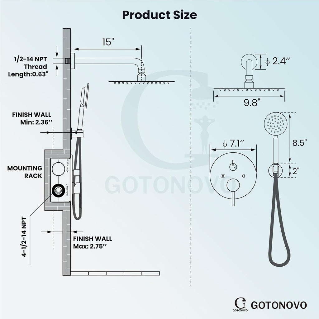 gotonovo Rain Shower System with 10 Inch Round Showerhead and Handheld High Pressure Shower Faucet Set Contain Rough in Valve, Matte Black