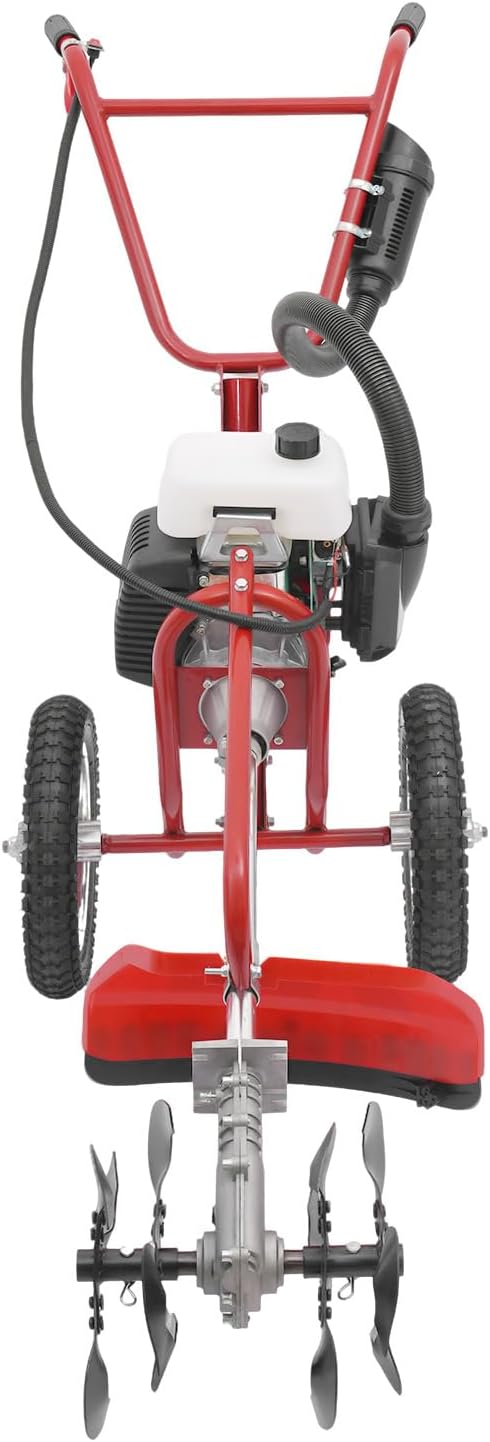 63CC Gas Powered Tiller Cultivator, 4-Stroke Hand Push Micro Cultivator Lawn Mower, 3-in-1 Mowing Tilling Trenching Machine for Farms Parks Lawns Gardens Courtyards (63CC 4-Stroke)