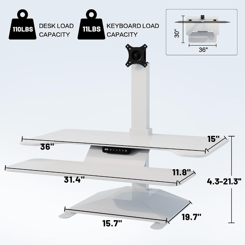 Electric Standing Desk Converter 36' Wide, Height Adjustable Desk Riser, Computer Workstation, Sit-Stand Convertor for Home, Office, School (White, 1 Arm Included)