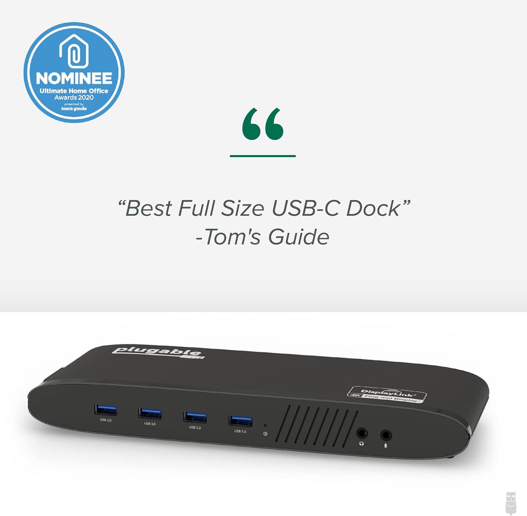 Plugable Universal Laptop Docking Station, 4K Dual Monitor, DisplayPort or HDMI, Windows Mac or ChromeOS Laptops, USB-C or USB 3.0, Adds 2 Displays, Ethernet, Audio, 6 USB Ports
