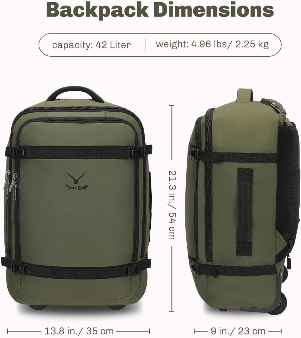 Hynes Eagle Rolling Backpack 42L Backpack with Wheels Airline Approved Carry on Luggage Laptop Travel Suitcase Bag for Women Men Dark Green