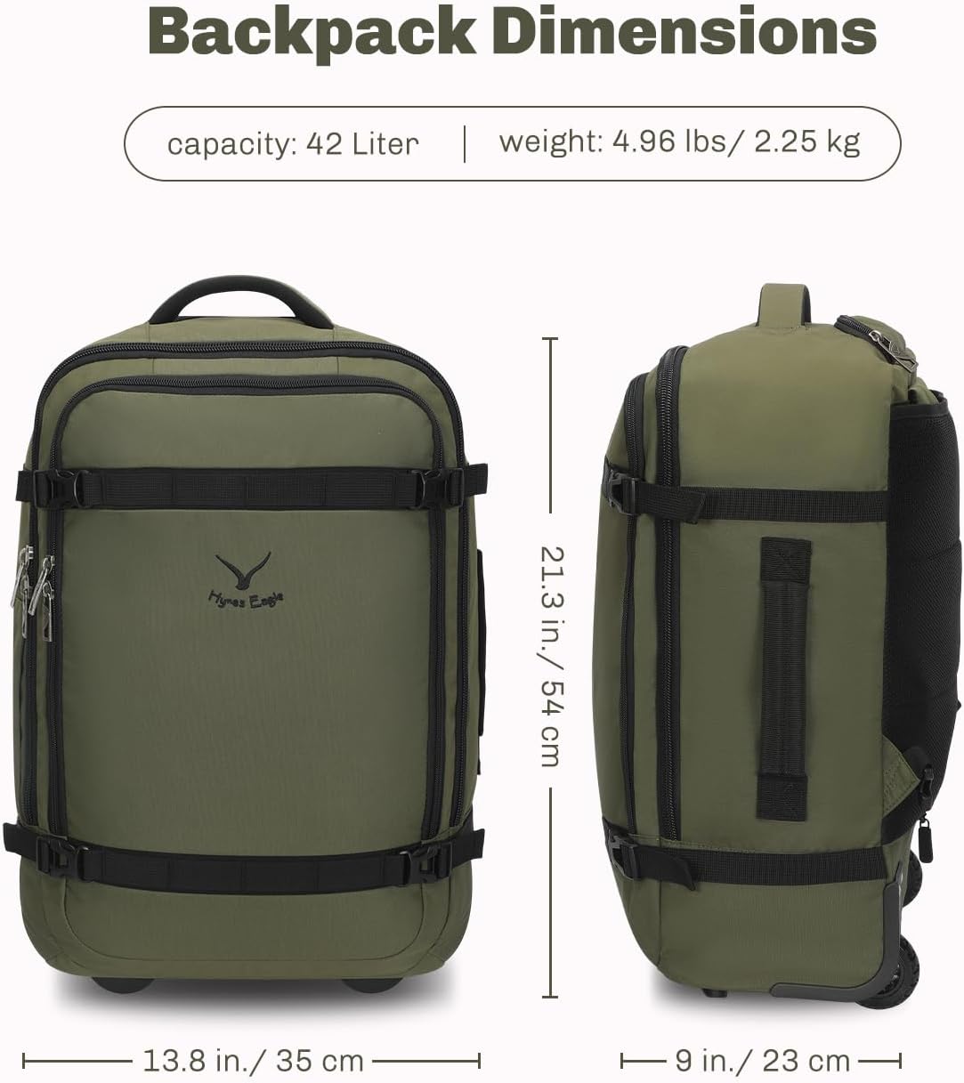 Hynes Eagle Rolling Backpack 42L Backpack with Wheels Airline Approved Carry on Luggage Laptop Travel Suitcase Bag for Women Men Dark Green